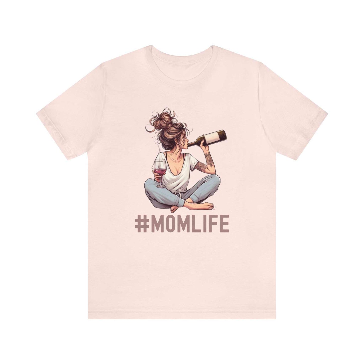 #MomLife wine shirt with mom holding wine bottle graphic, perfect for moms multitasking and enjoying wine.