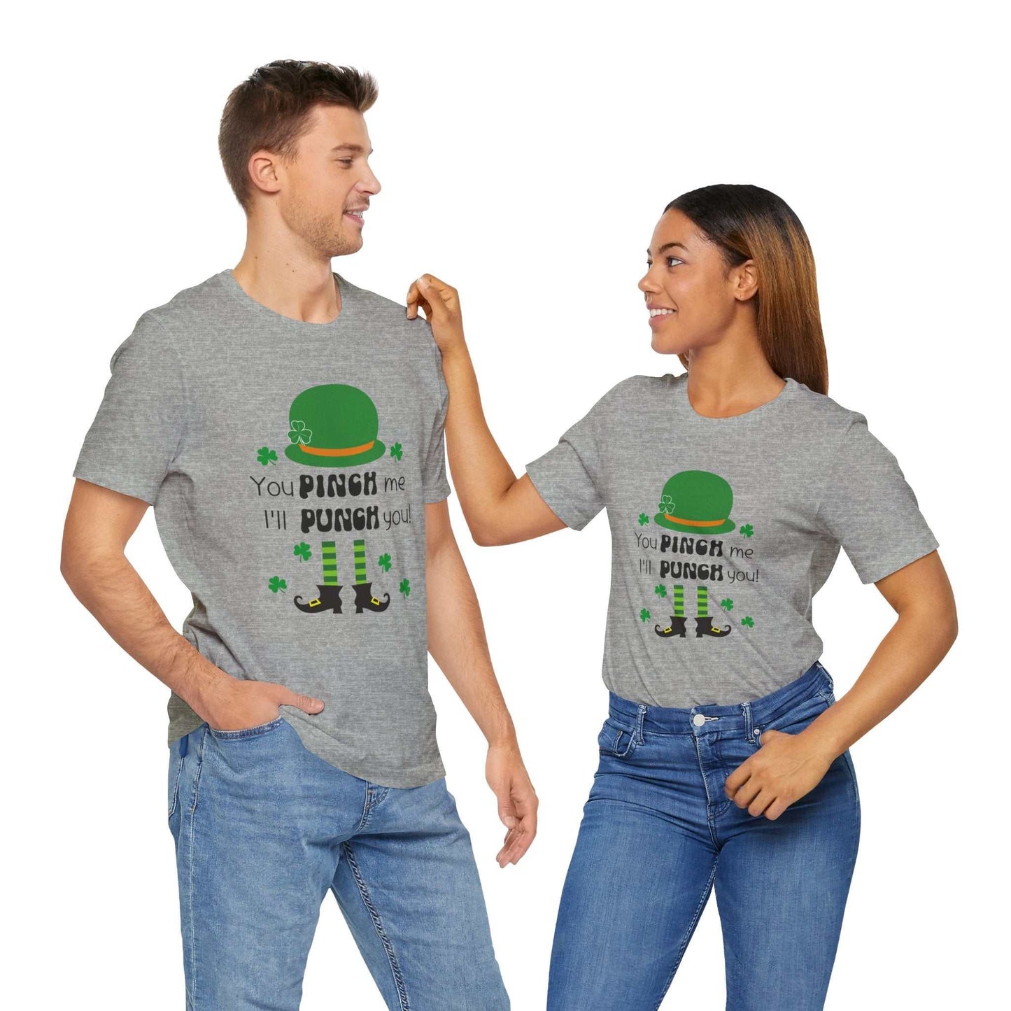 St Patrick's Day unisex Bella Canvas shirt with "You Pinch Me I'll Punch You" slogan, classic fit.