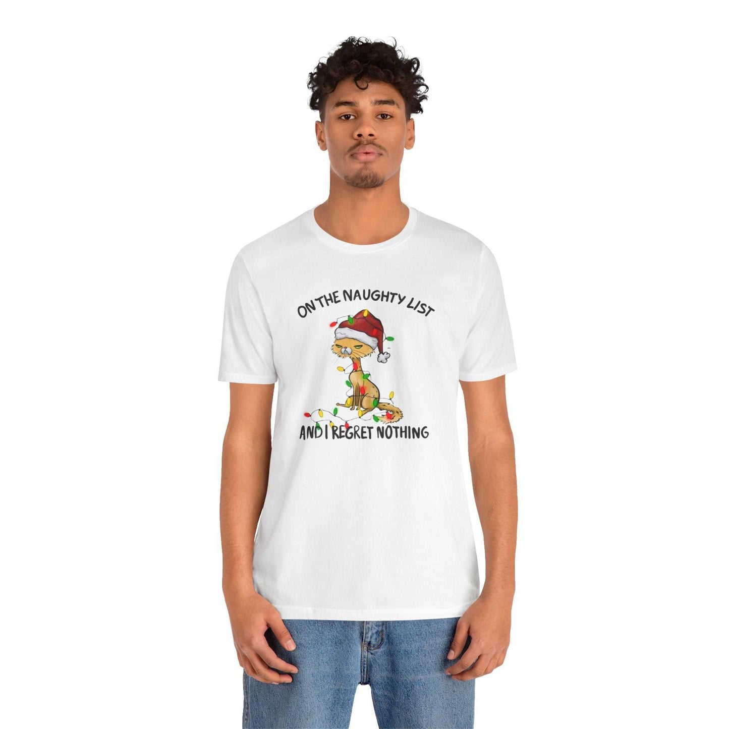 Naughty List and I Regret Nothing Merry Christmas Holiday Cat T-Shirt