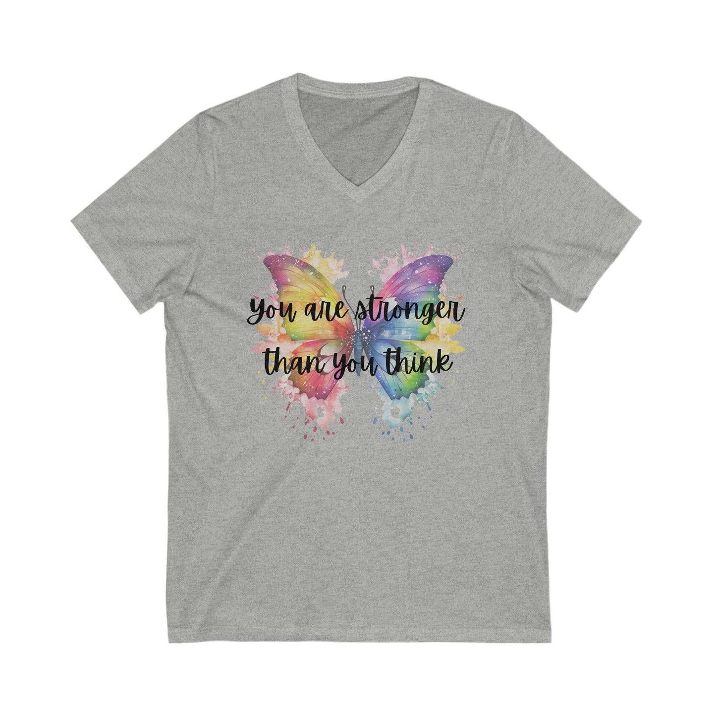 Unisex jersey short sleeve V-neck tee with colorful butterfly design and motivational text.