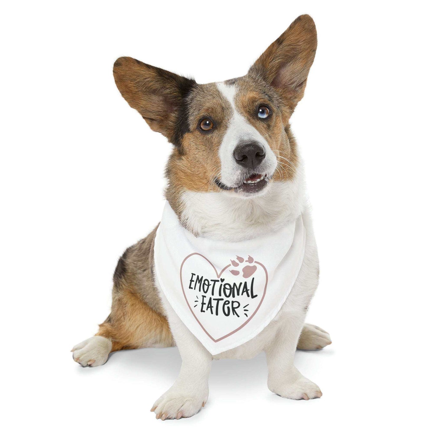 Dog wearing a white 'Emotional Eater' bandana collar, showcasing pet personality and humor.