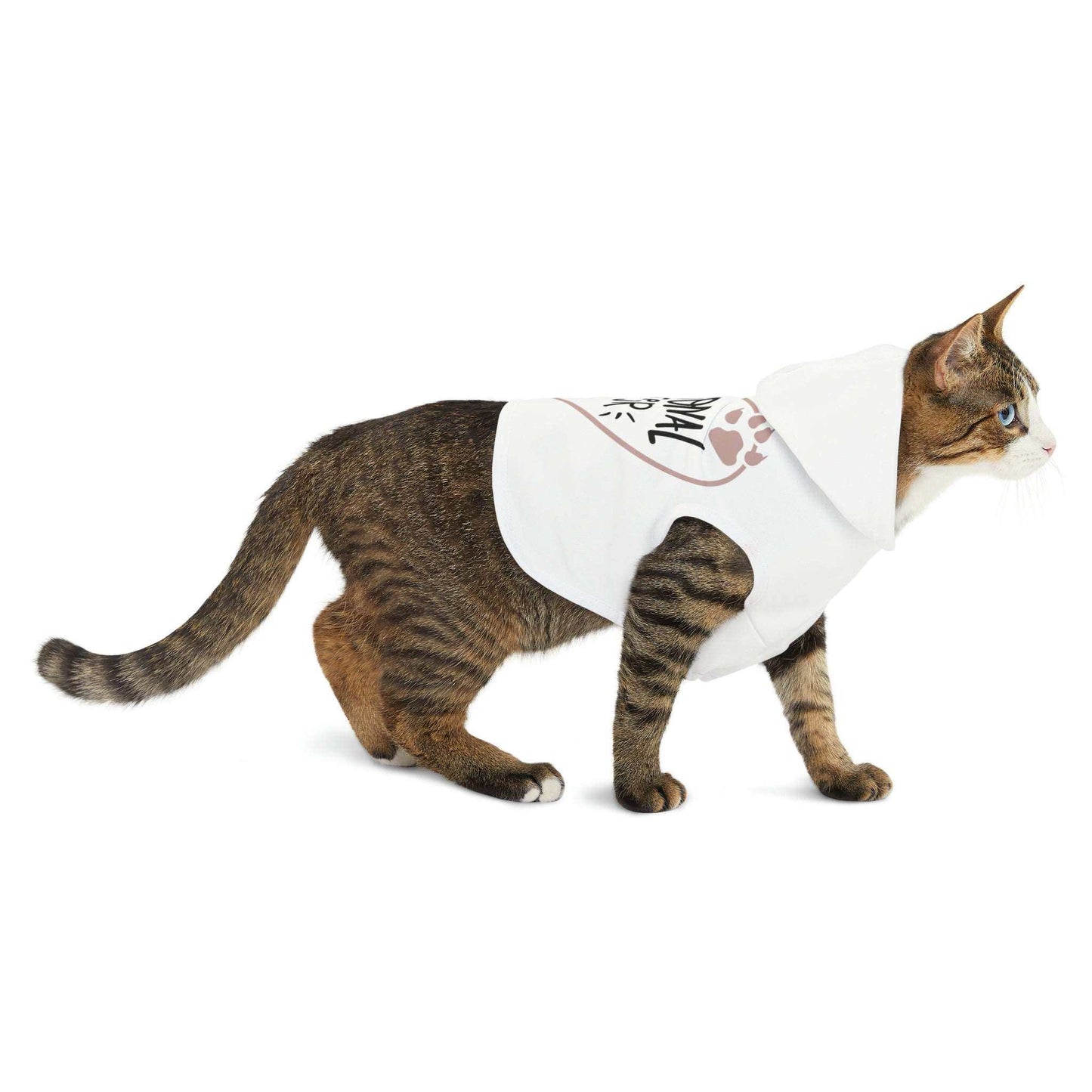 Cat wearing a white Emotional Eater Pet Hoodie with custom design.