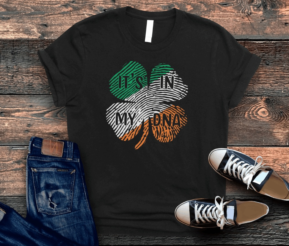 St. Patrick's Day T-shirt with DNA design, black unisex tee for boyfriend, family, or friend, featuring a shamrock motif.