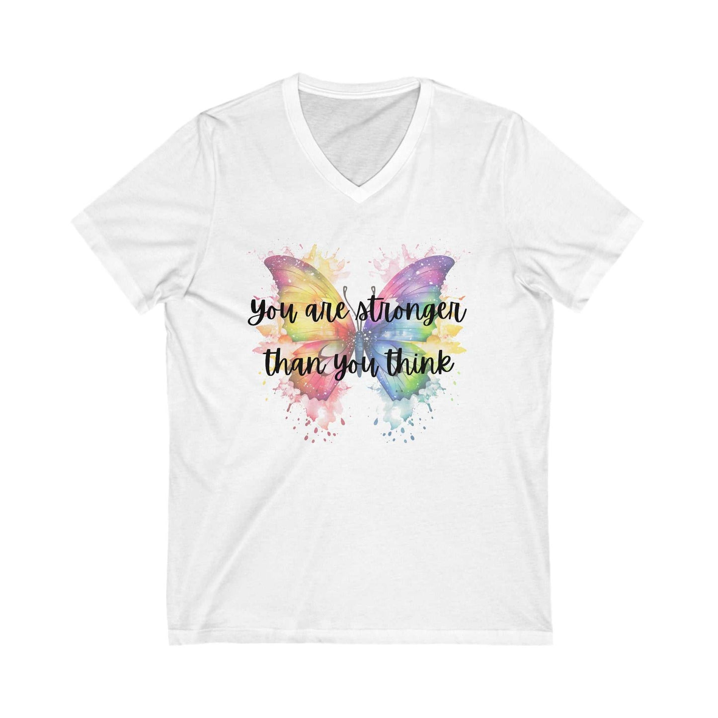 Unisex jersey short sleeve V-neck tee with colorful butterfly graphic and motivational text.