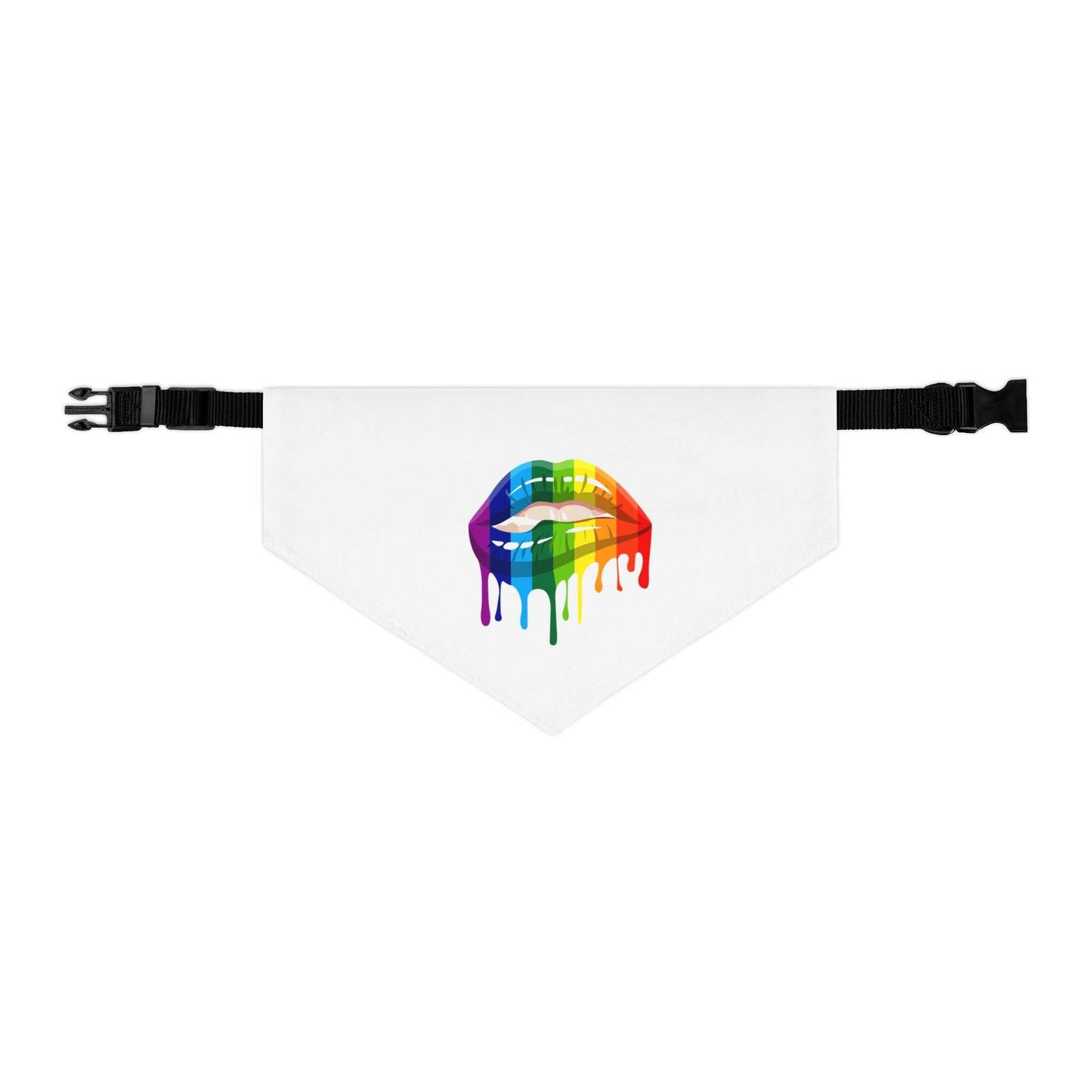 Polyester pet bandana collar with rainbow lips print, adjustable black strap.