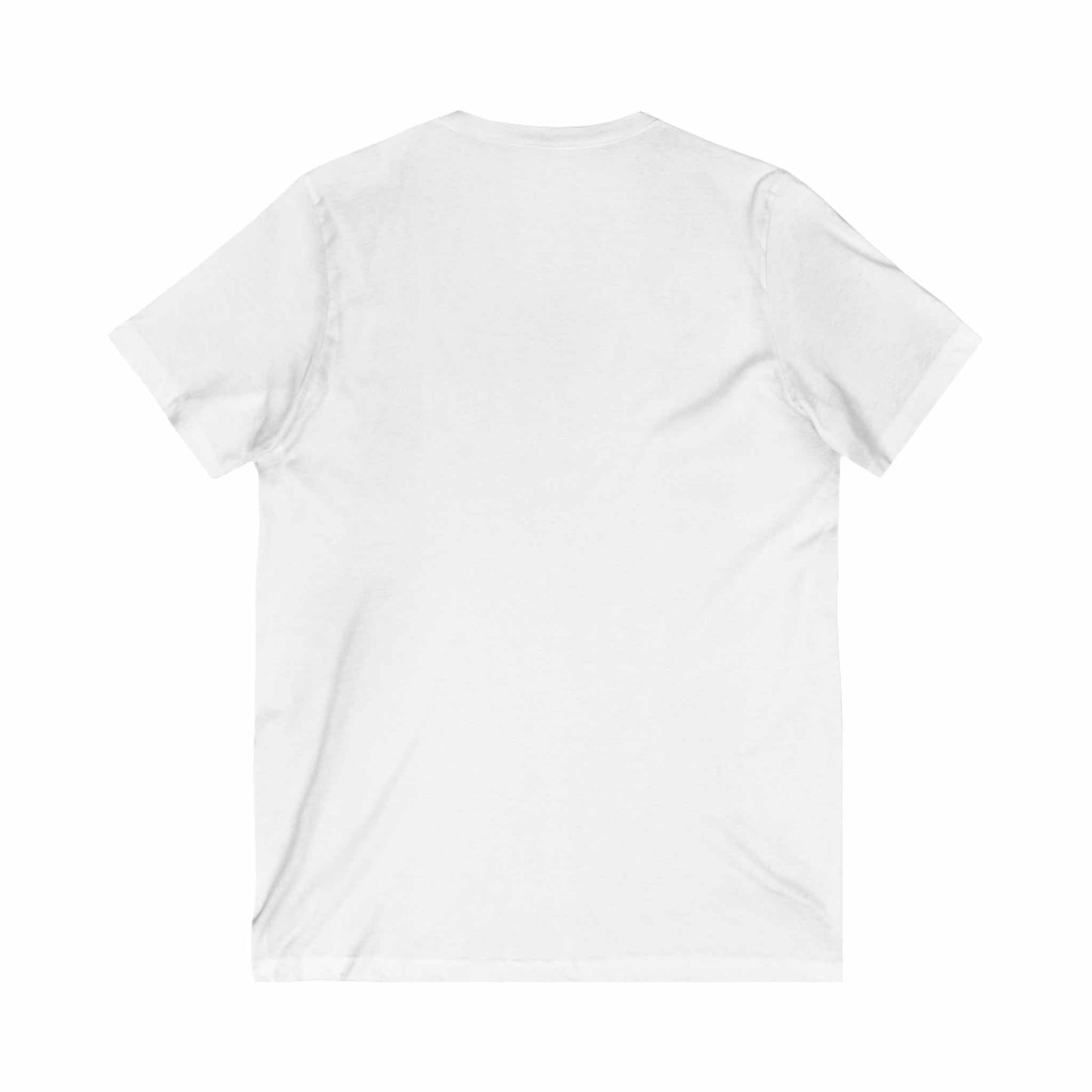 Unisex jersey short sleeve V-neck tee in white, showcasing the back view.