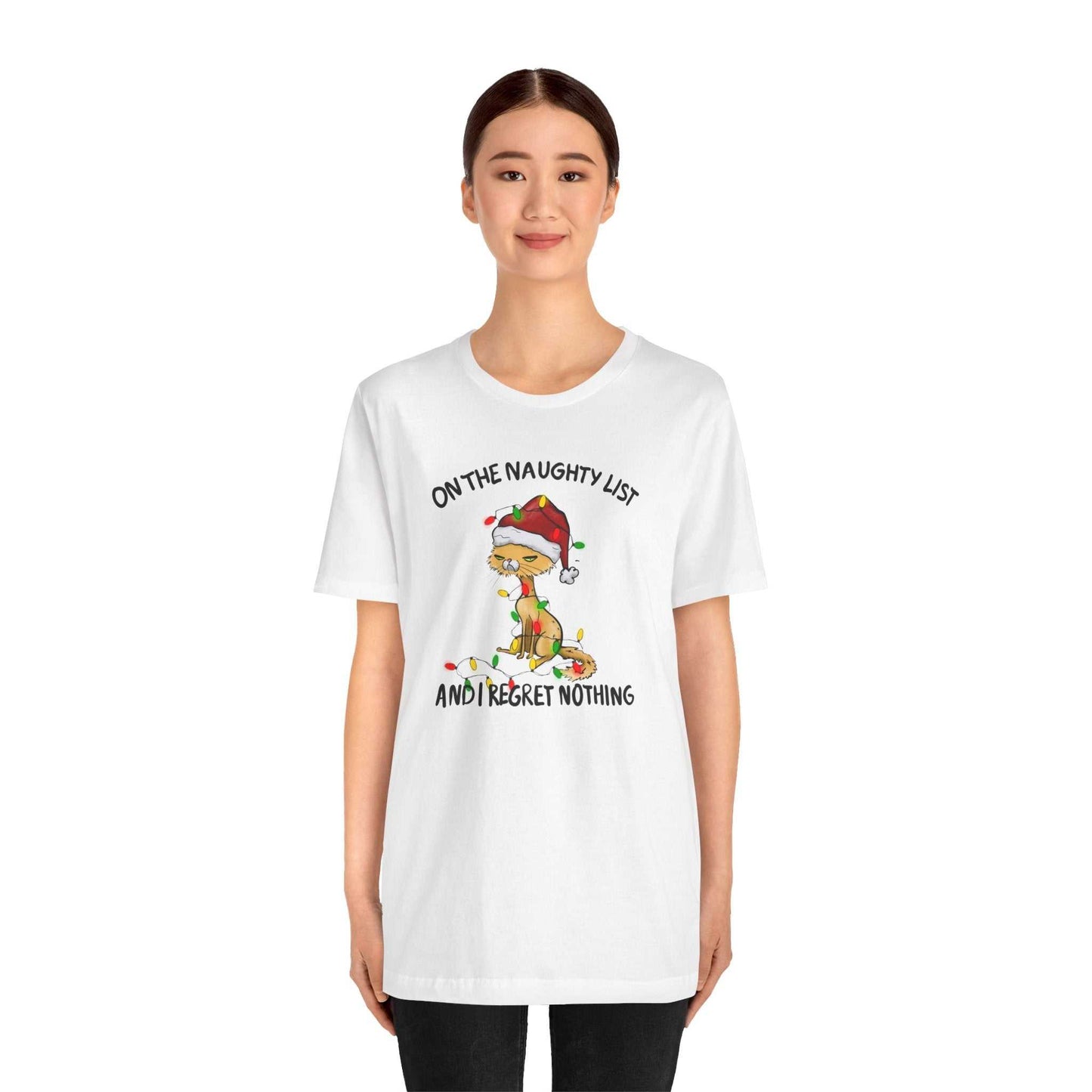 Naughty List and I Regret Nothing Merry Christmas Holiday Cat T-Shirt