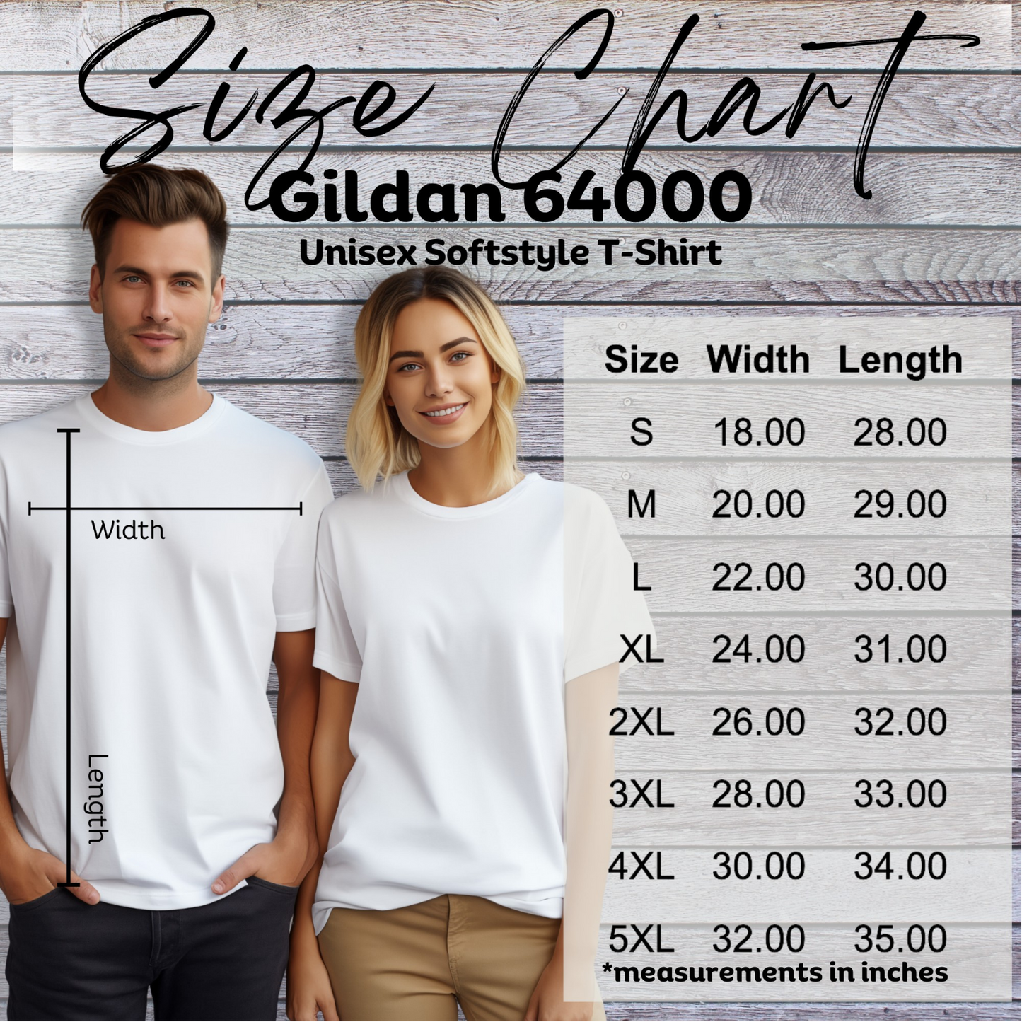 Unisex softstyle t-shirt size chart for Gildan 64000 with width and length measurements in inches, featuring two models wearing plain white tees.