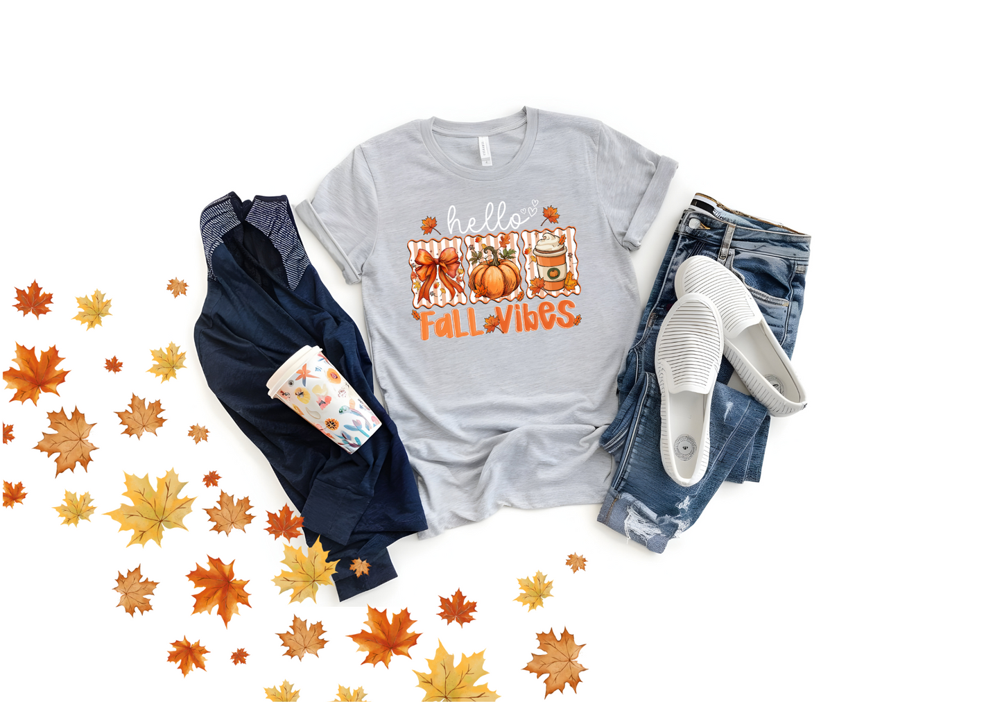 Hello Fall Vibes softstyle shirt with pumpkins, autumn leaves, and warm seasonal graphics