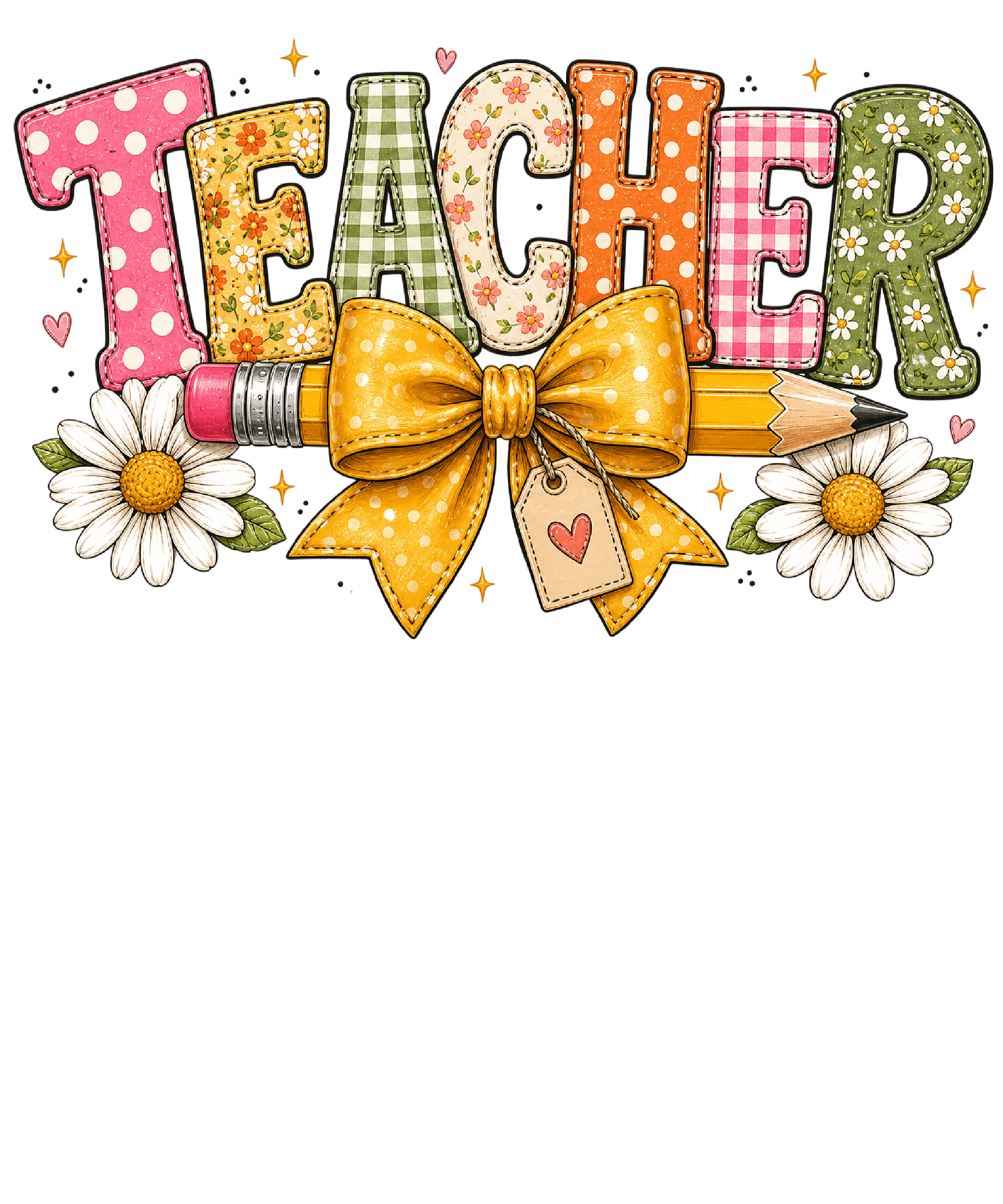 Floral Teacher Preppy Patchwork DTF print with vibrant colors on apparel for Watch Out Kindergarten theme