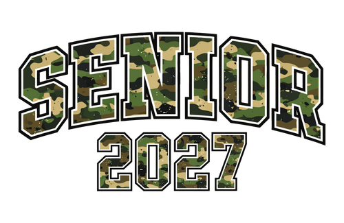 Camouflage Senior 2027 DTF print heat transfer for shirts and hats with vibrant, durable ink