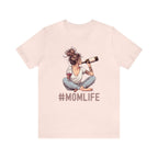 #MomLife wine shirt with mom holding wine bottle graphic, perfect for moms multitasking and enjoying wine.