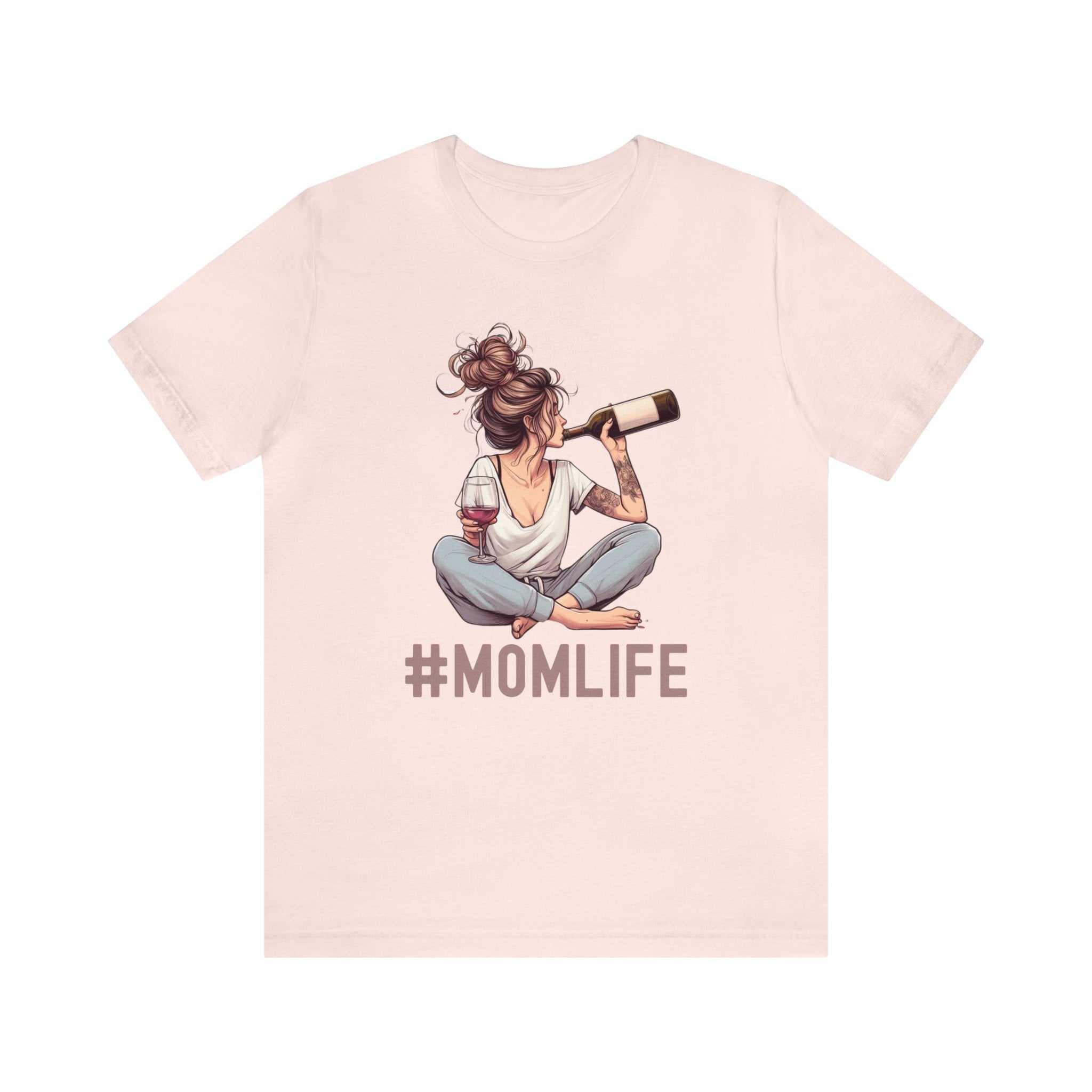 #MomLife wine shirt with mom holding wine bottle graphic, perfect for moms multitasking and enjoying wine.