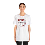 Unisex Jersey Short Sleeve Tee in white with baseball print design.