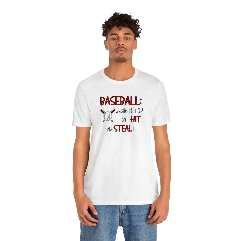 Unisex Jersey Short Sleeve Tee with baseball graphic on front, soft cotton, retail fit.
