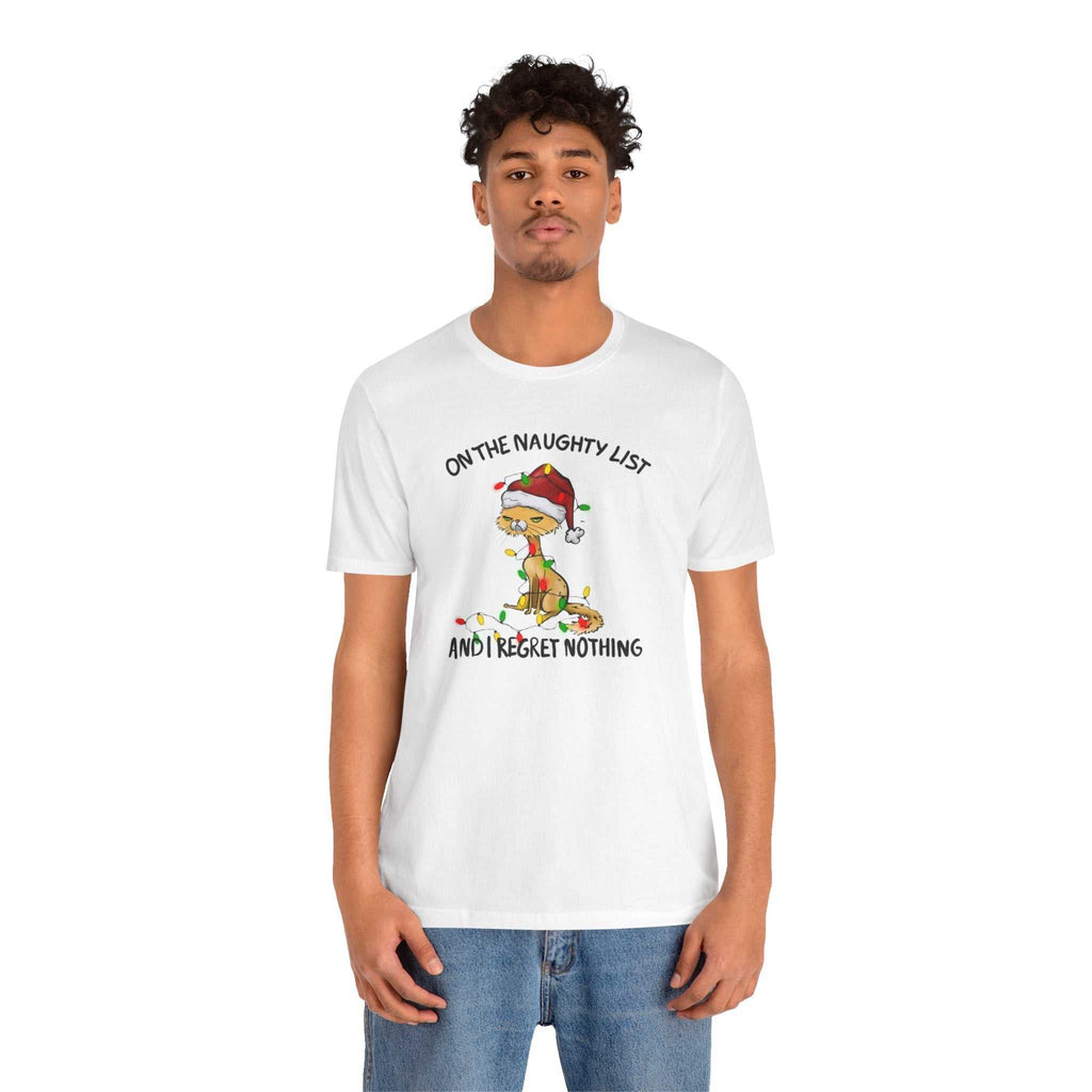 Cat with Santa hat and Christmas lights on Naughty List T-shirt.