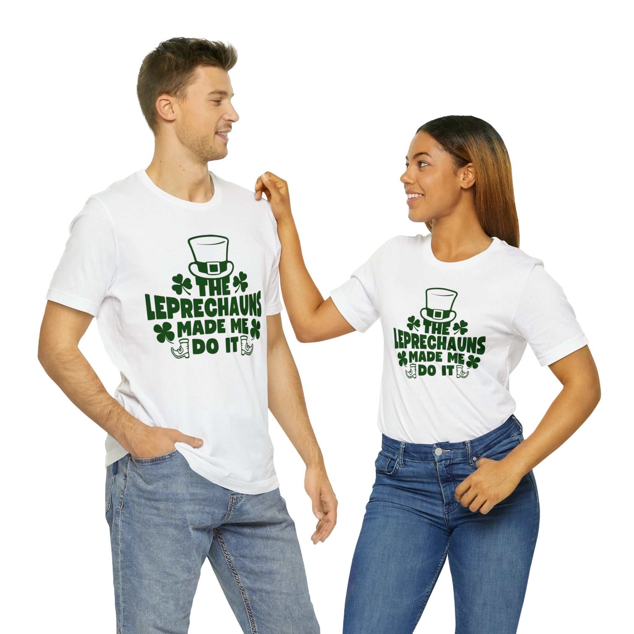 St Patricks Day shirt featuring "Leprechauns Made Me Do It" design, worn by smiling couple.