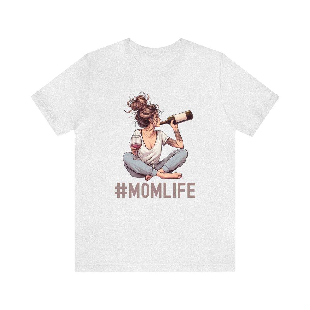 #MomLife wine shirt featuring a whimsical graphic of a mom with a wine bottle, ideal gift for moms.