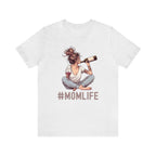 #MomLife wine shirt featuring a whimsical graphic of a mom with a wine bottle, ideal gift for moms.