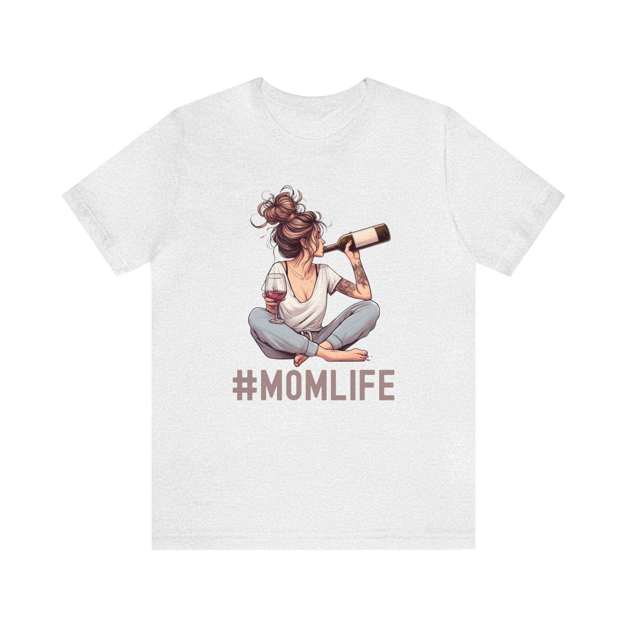 #MomLife wine shirt featuring a whimsical graphic of a mom with a wine bottle, ideal gift for moms.