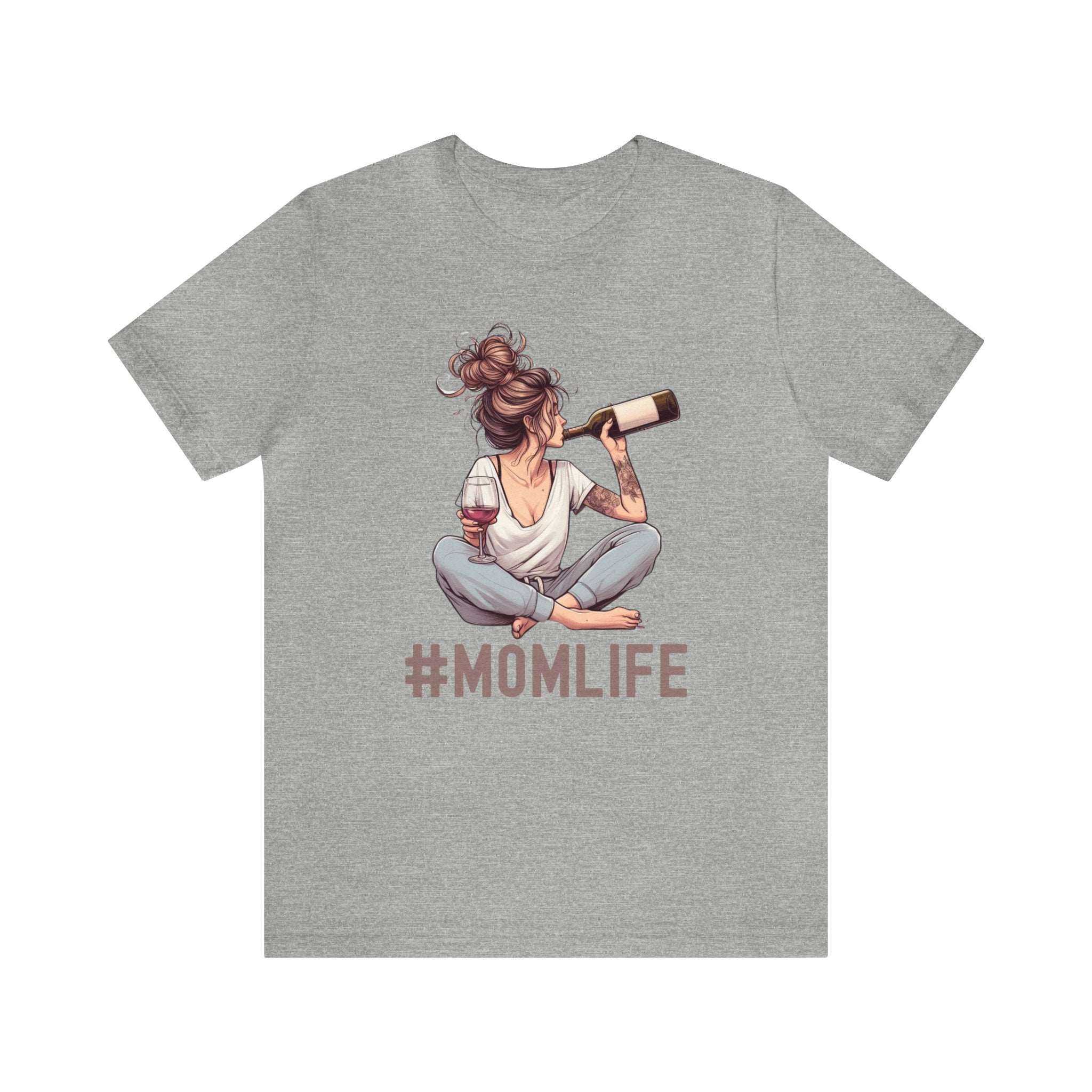 #MomLife wine shirt with graphic of mom holding wine bottle, casual fit, vintage design.