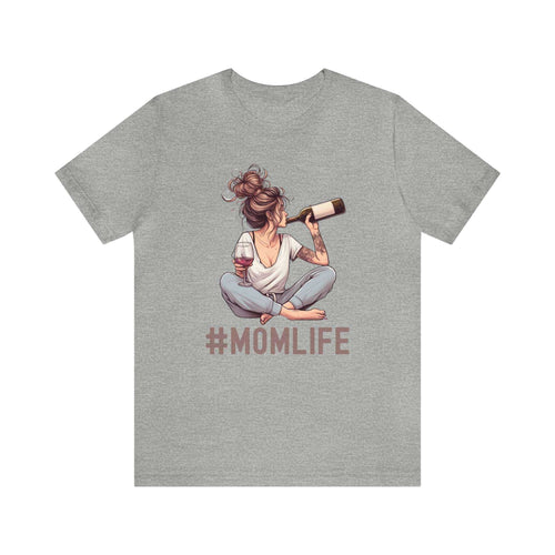 #MomLife wine shirt with graphic of mom holding wine bottle, casual fit, vintage design.