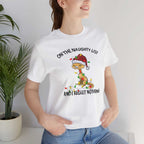 Naughty List Cat Santa Hat Lights Short Sleeve Tee Shirt on woman.