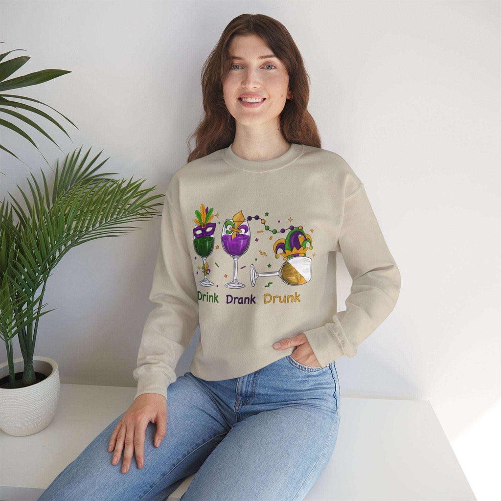 Mardi Gras Shirt Drink Drank Drunk Unisex Gildan 18000 Sweatshirt, festive design, comfortable and stylish attire.