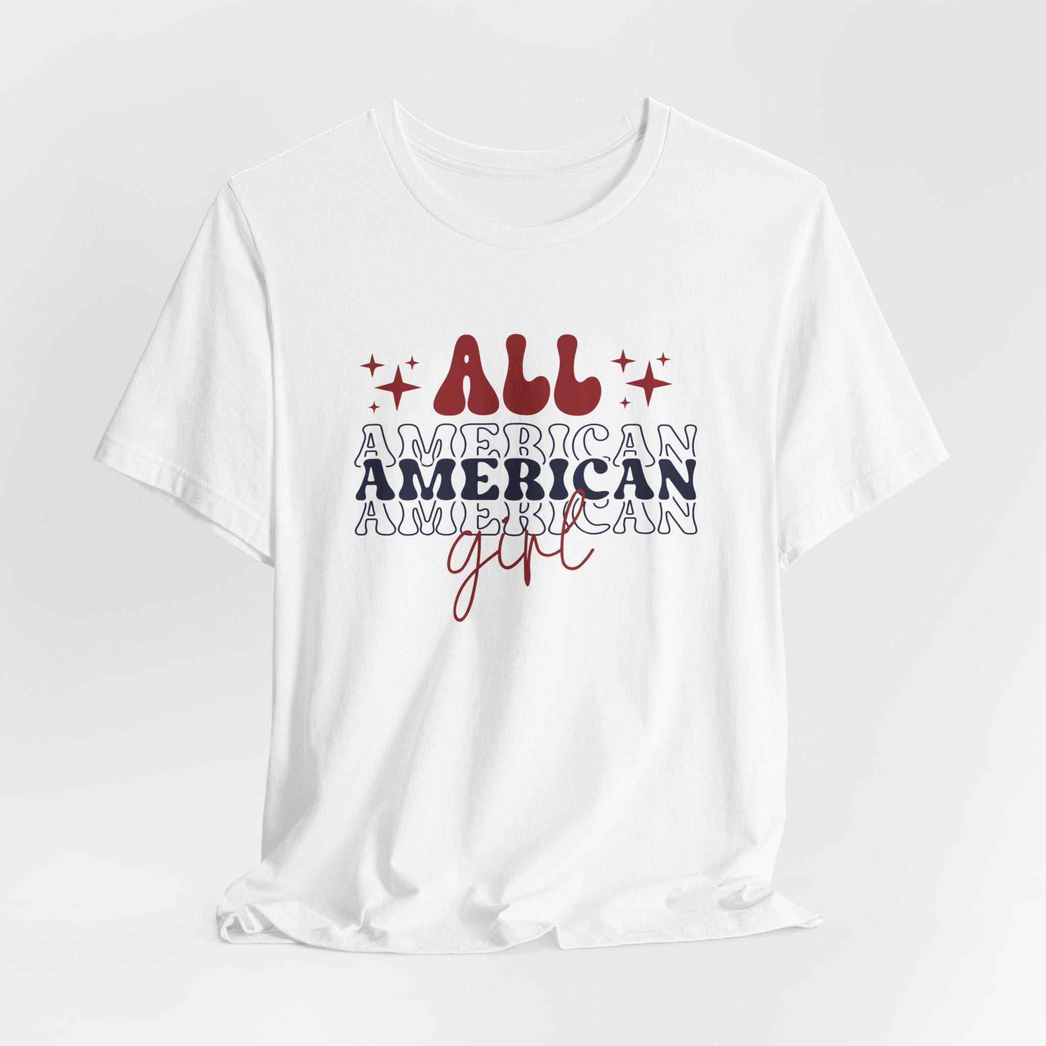 All American Girl Independence Day T-Shirt with red, white, blue graphics celebrating patriotism.