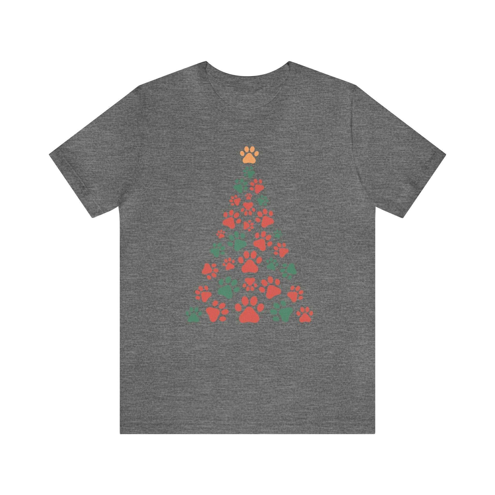 Unisex Bella Canvas 3001 t-shirt with Christmas tree made of colorful dog paws on a festive green background.