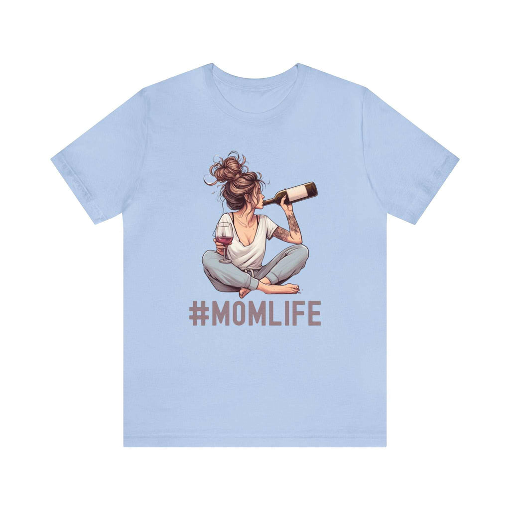 #MomLife wine shirt with graphic of mom holding wine bottle, perfect for moms multitasking in style.