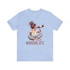 #MomLife wine shirt with graphic of mom holding wine bottle, perfect for moms multitasking in style.