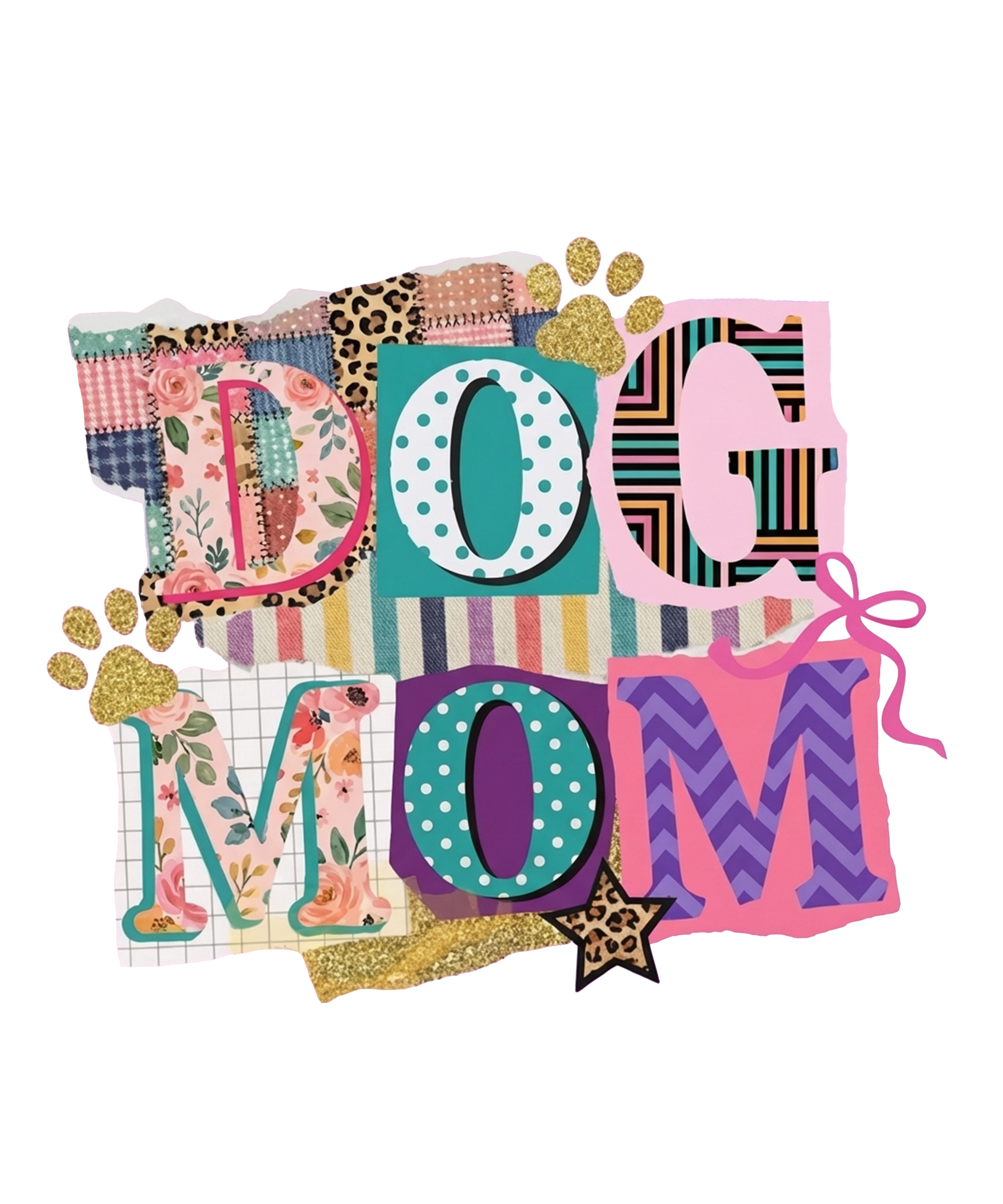 Colorful Dog Mom Floral Patchwork t-shirt with vibrant floral patterns and paw prints for proud pet lovers