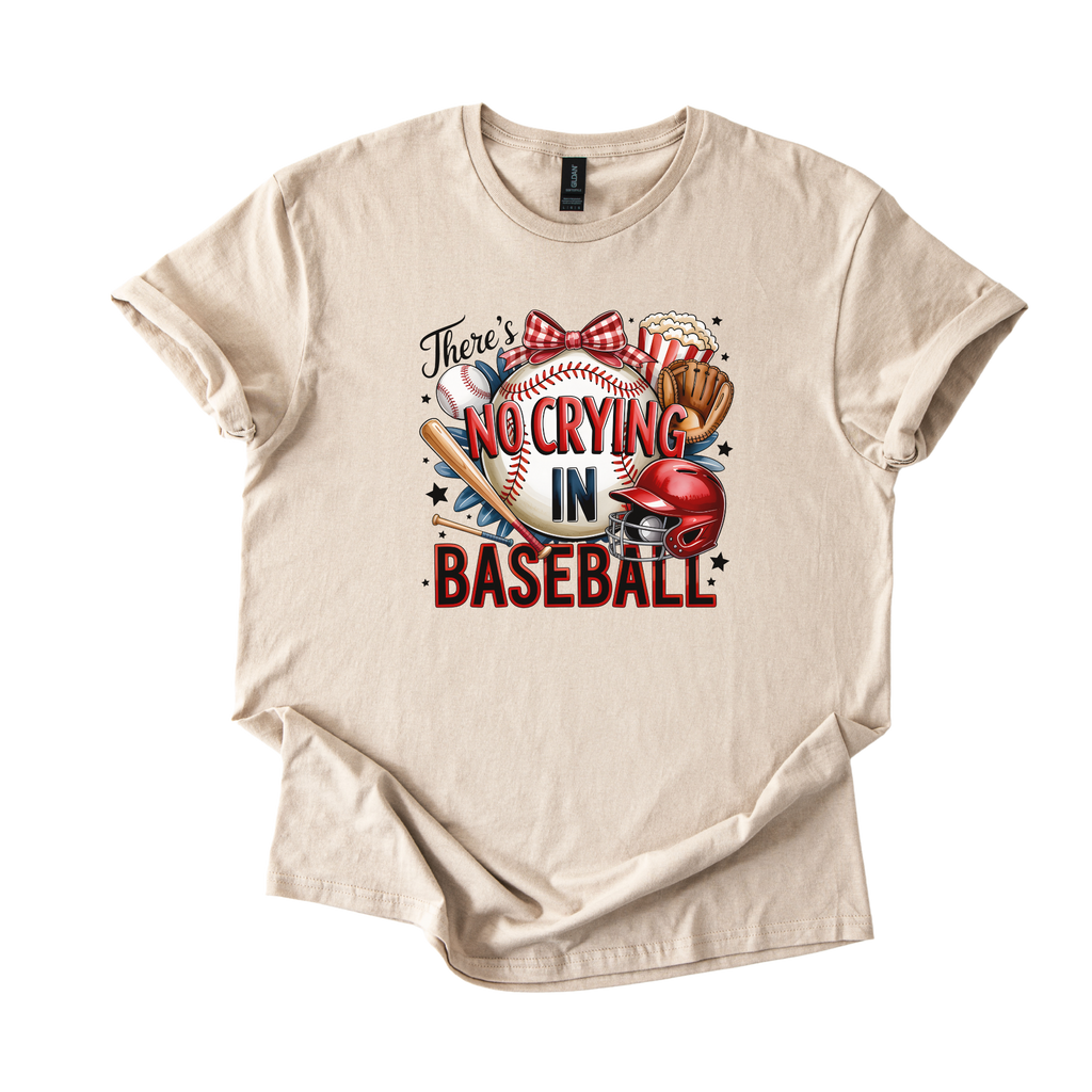 No Crying in Baseball graphic tee with baseball, bat, glove, helmet, and bow design for baseball moms and fans