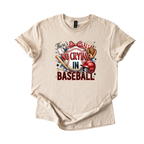 No Crying in Baseball graphic tee with baseball, bat, glove, helmet, and bow design for baseball moms and fans