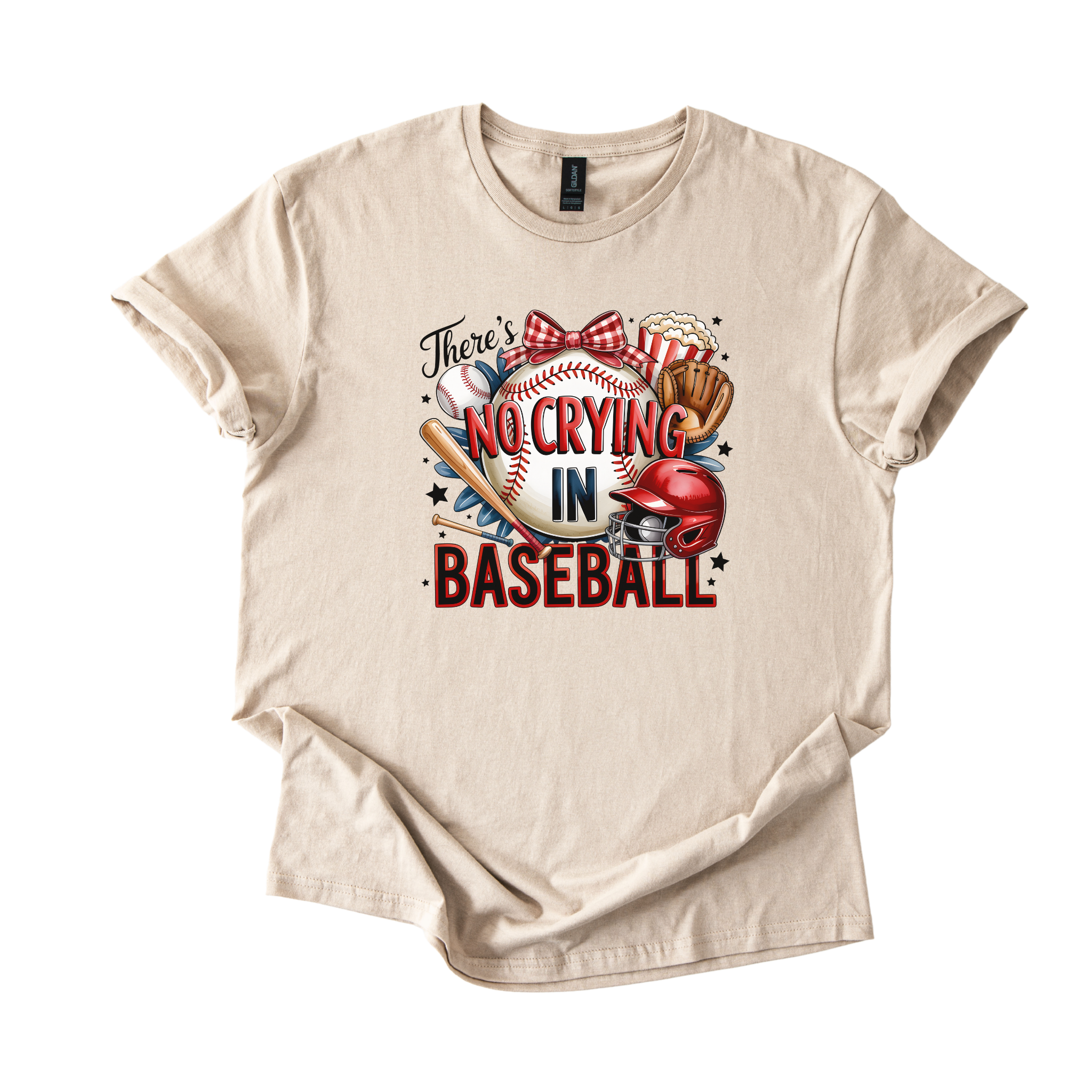 No Crying in Baseball graphic tee with baseball, bat, glove, helmet, and bow design for baseball moms and fans