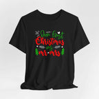 Black t-shirt with "Our First Christmas as Mr. & Mrs." design in red and green text.