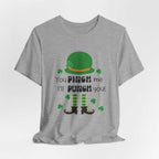 St Patrick's Day unisex Bella Canvas shirt with "You Pinch Me I'll Punch You" design, featuring a leprechaun-themed print on soft grey cotton.