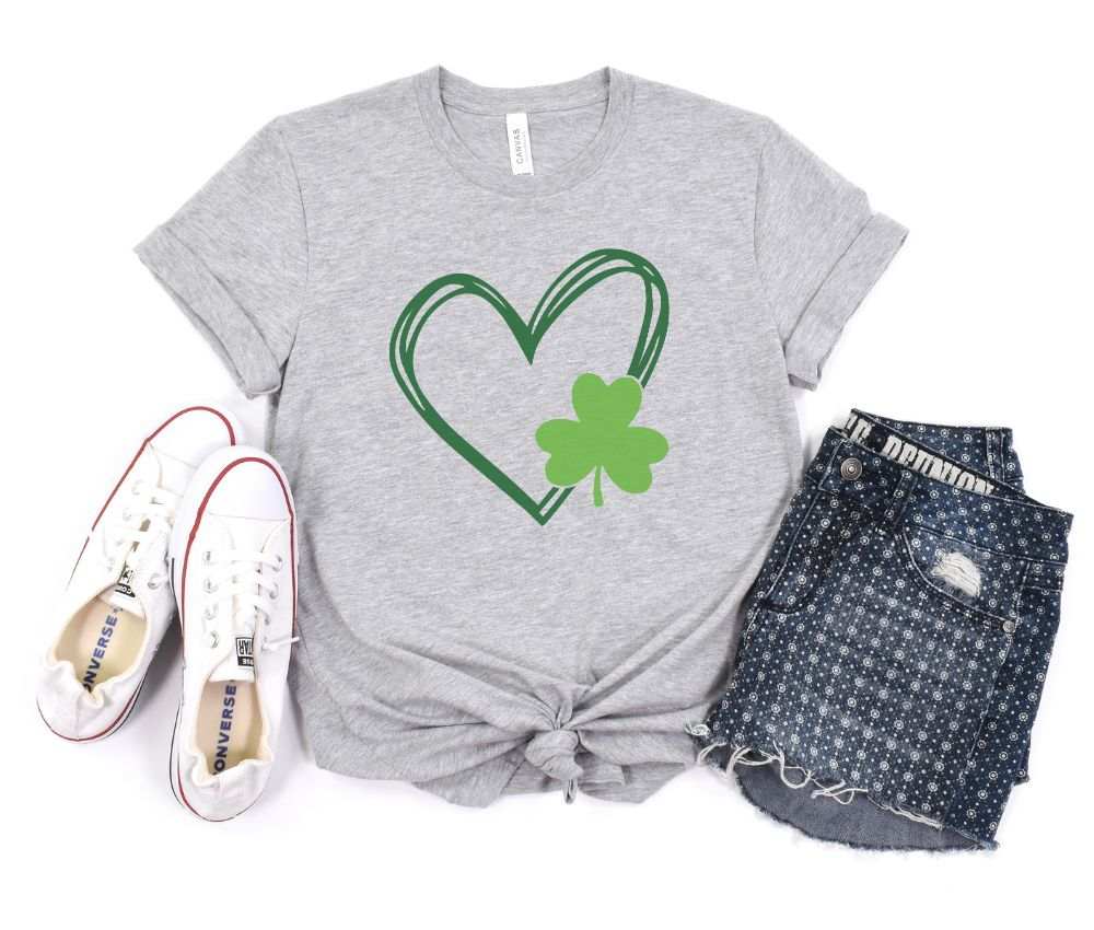 St Patrick's Day shirt with heart and shamrock design, unisex V-neck.