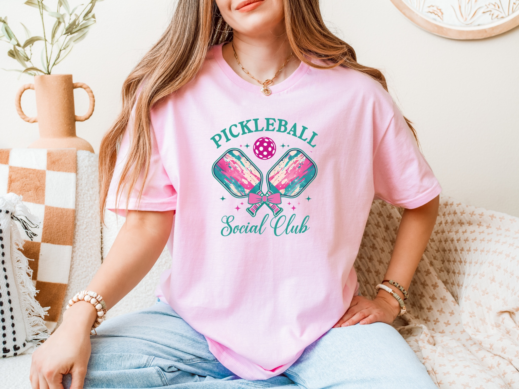 Pickleball Social Club pink unisex softstyle shirt for women with playful design.