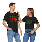 Couple wearing matching "First Christmas Together" shirts, smiling at each other.