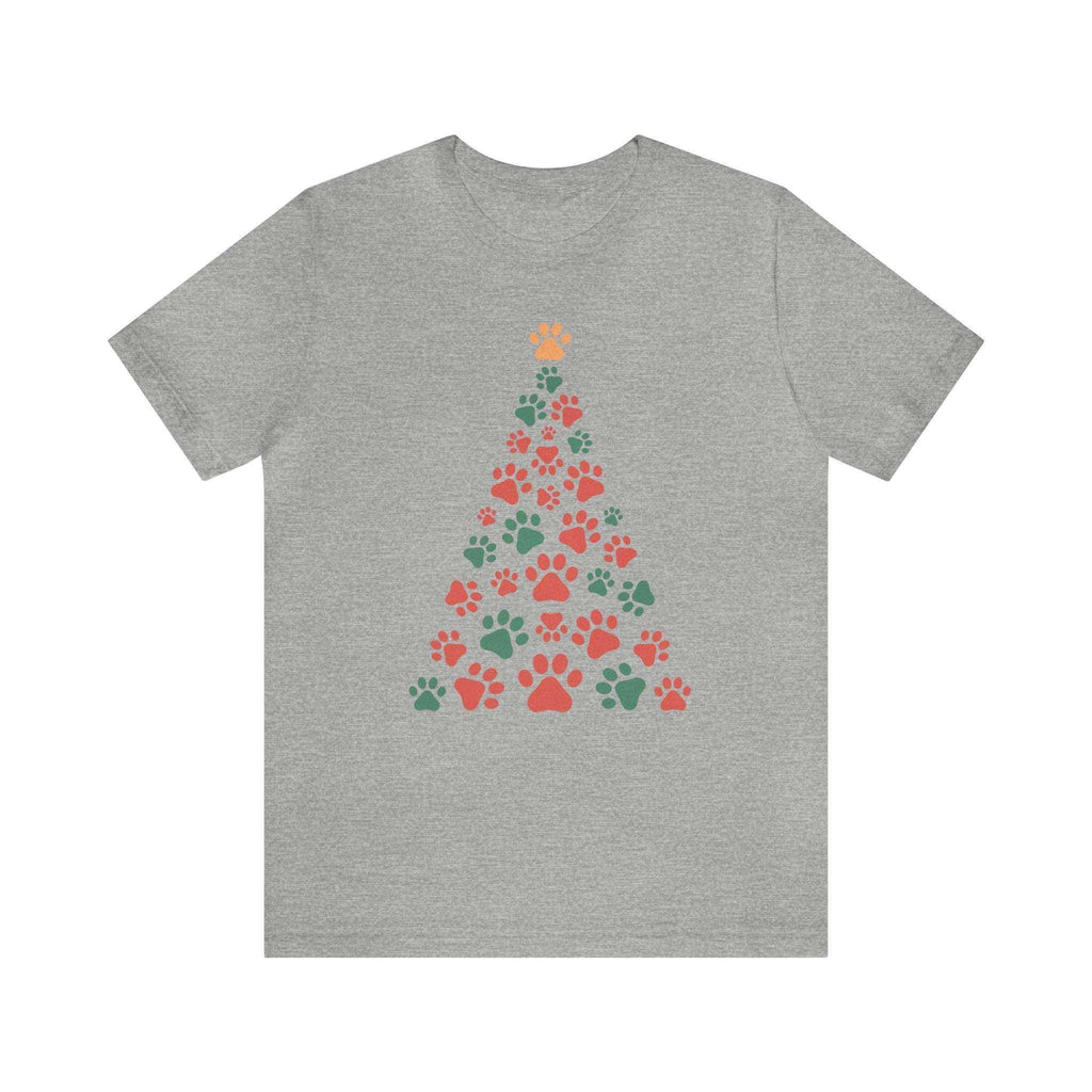 Unisex Holiday T-shirt featuring a Christmas tree made of colorful dog paw prints on a soft Bella Canvas 3001 fabric.