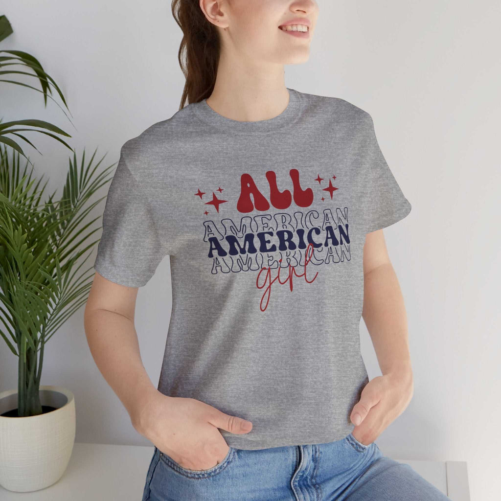 American Girl Independence Day T-Shirt with red, white, and blue graphics celebrating patriotism and style.
