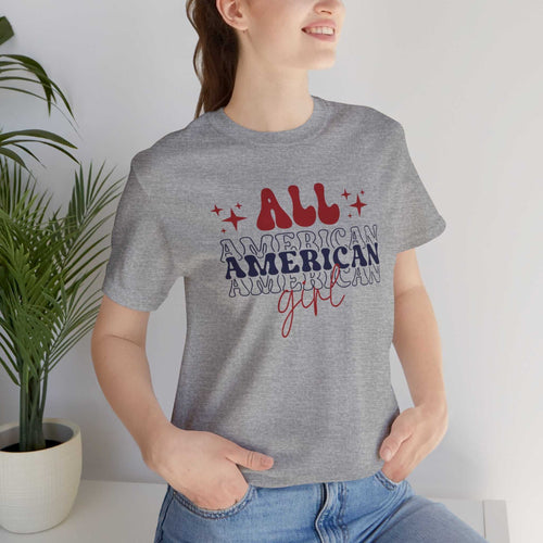 American Girl Independence Day T-Shirt with red, white, and blue graphics celebrating patriotism and style.