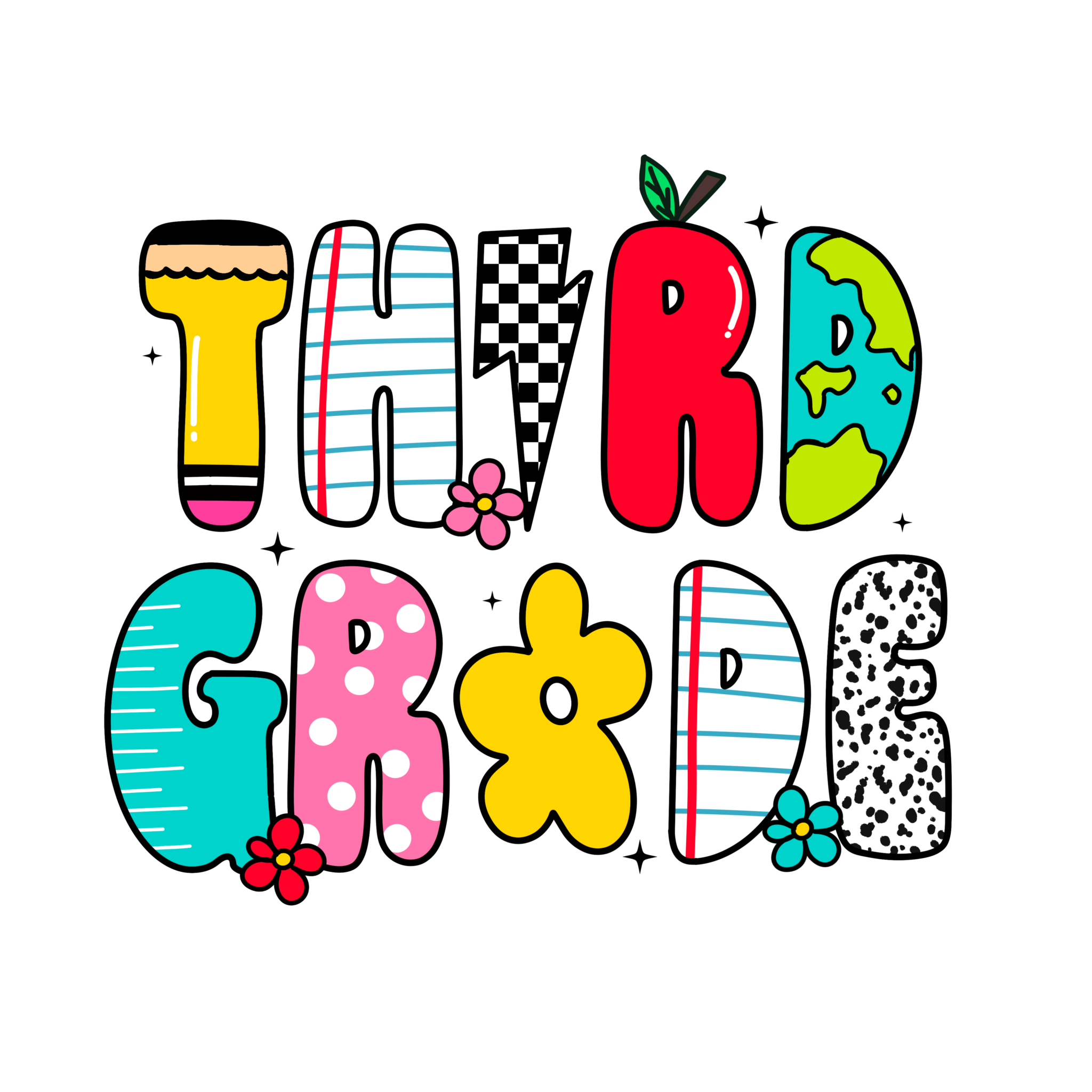 Back to school retro doodle design with Watch Out Kindergarten text for youth DTF prints 1st to 4th grade