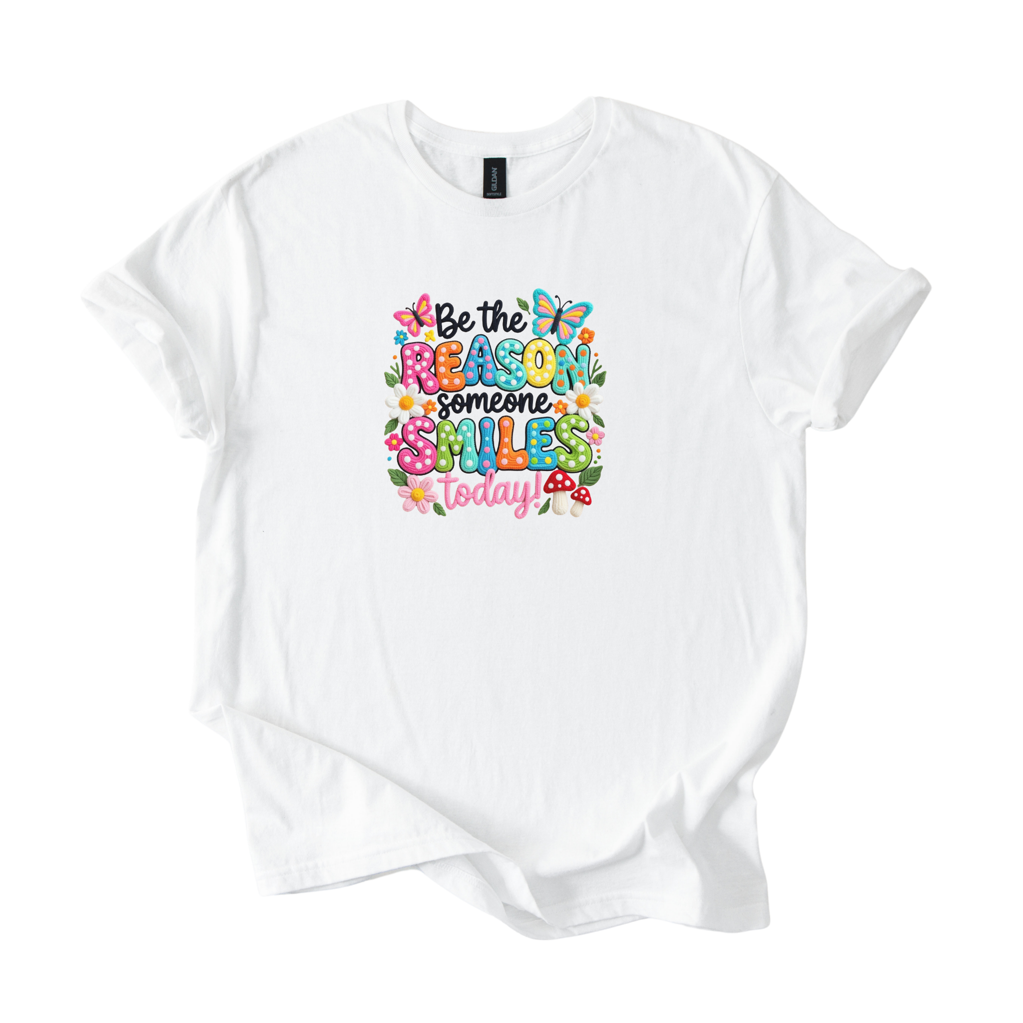 Be The Reason Someone Smiles uplifting message on a softstyle shirt promoting kindness and positivity