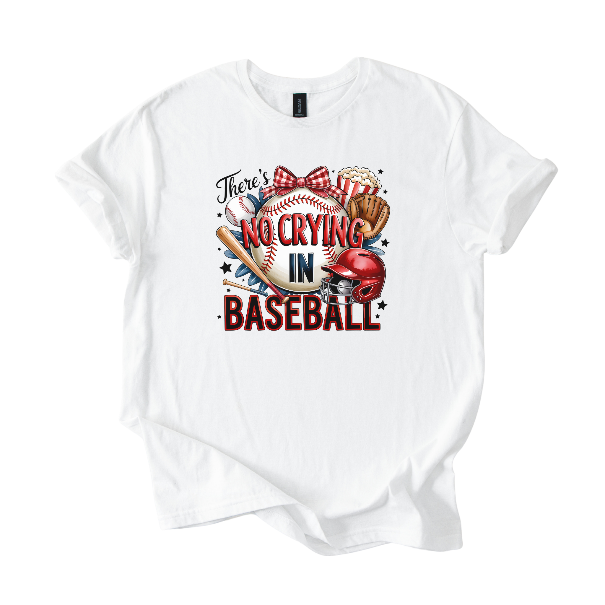 No Crying in Baseball shirt with baseball graphics and playful bow detail for game day fans and baseball moms