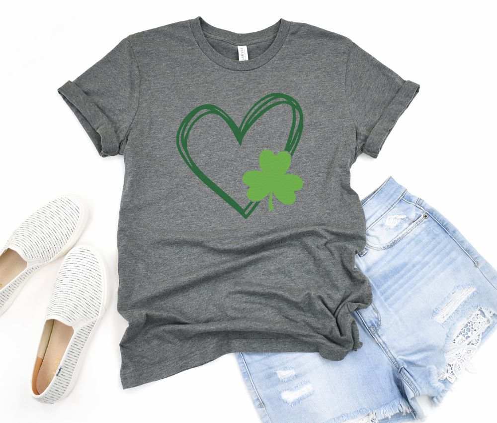 St Patrick's Day shirt with heart and shamrock design in grey, perfect for festive celebrations.