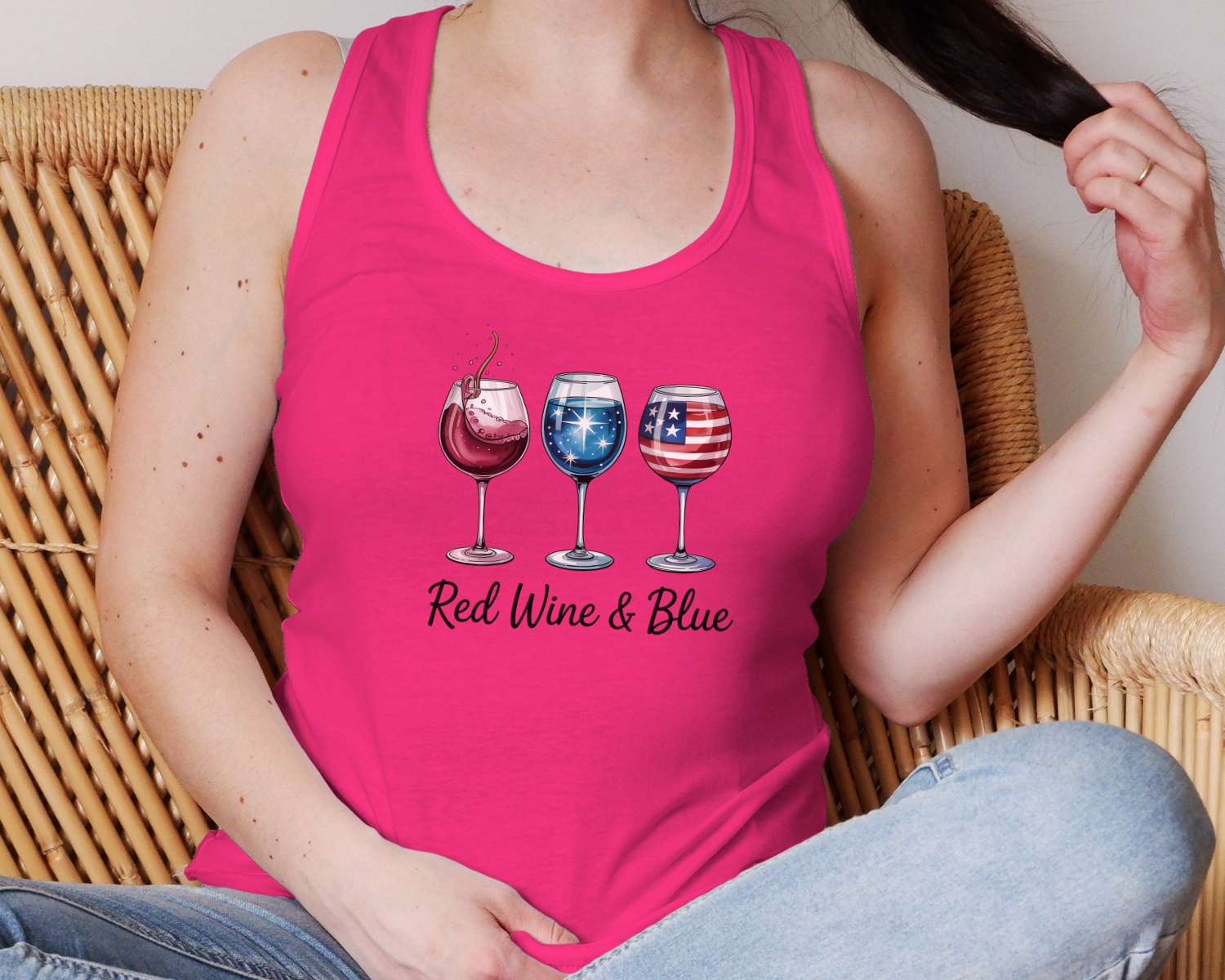 Patriotic Red Wine and Blue tank top, perfect for July 4th celebrations.