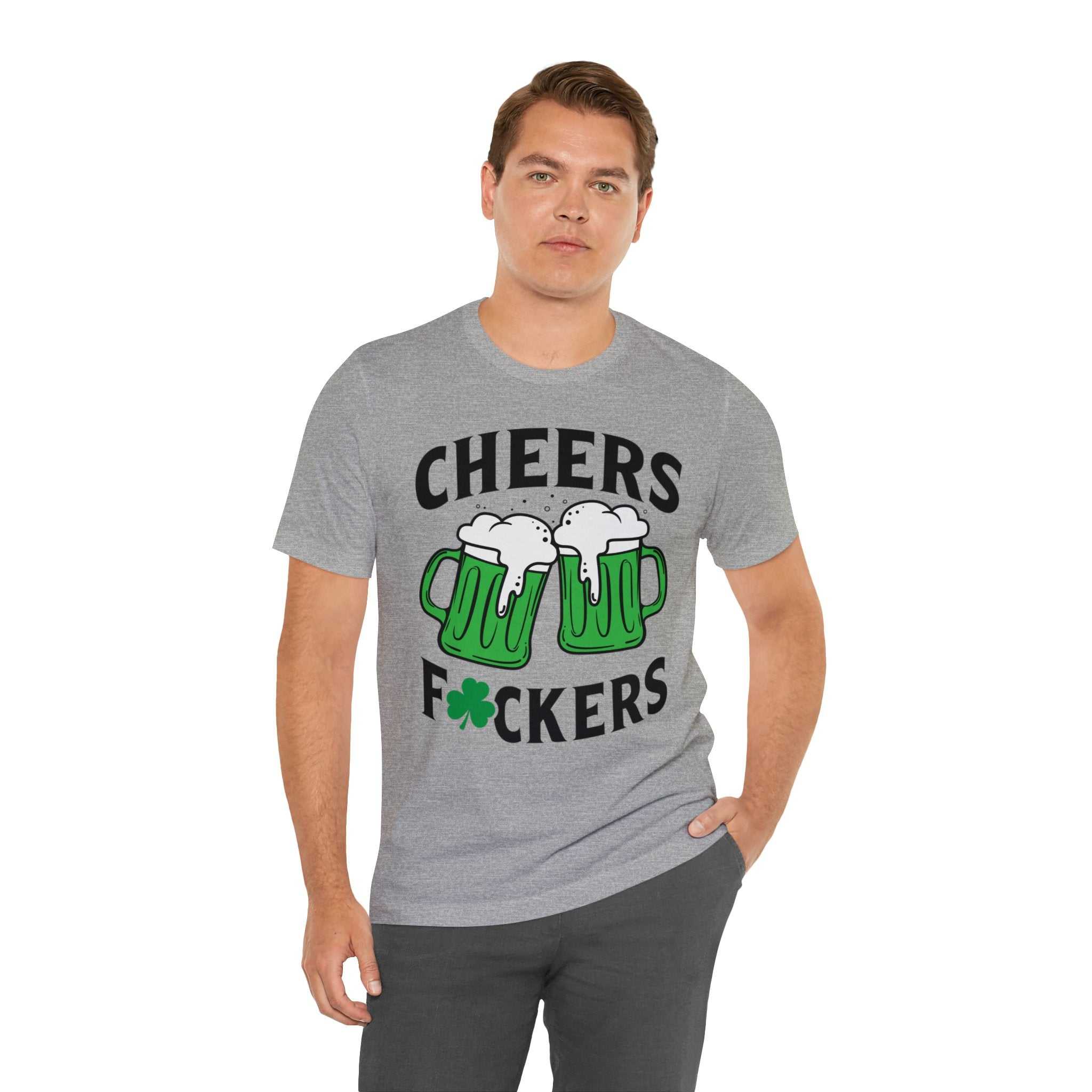 St Patrick's Day "Cheers F-ckers" shirt with bold lettering and beer mug graphic.